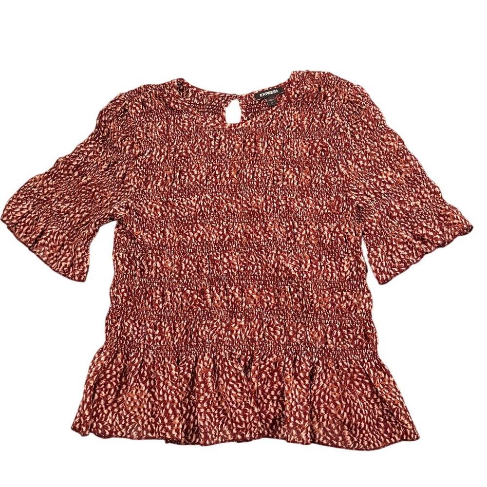 Express Women's M Burgundy Abstract Print Smocked Peplum Blouse Puff Sleeve